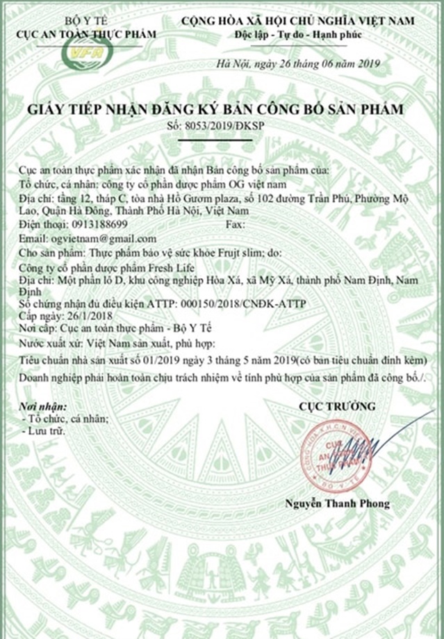 Frujt Slim được Bộ Y Tế cấp phép lưu hành trên thị trường