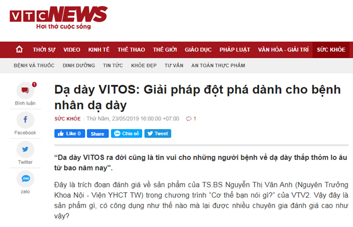 Báo điện tử VTCnews đưa tin về Vitos